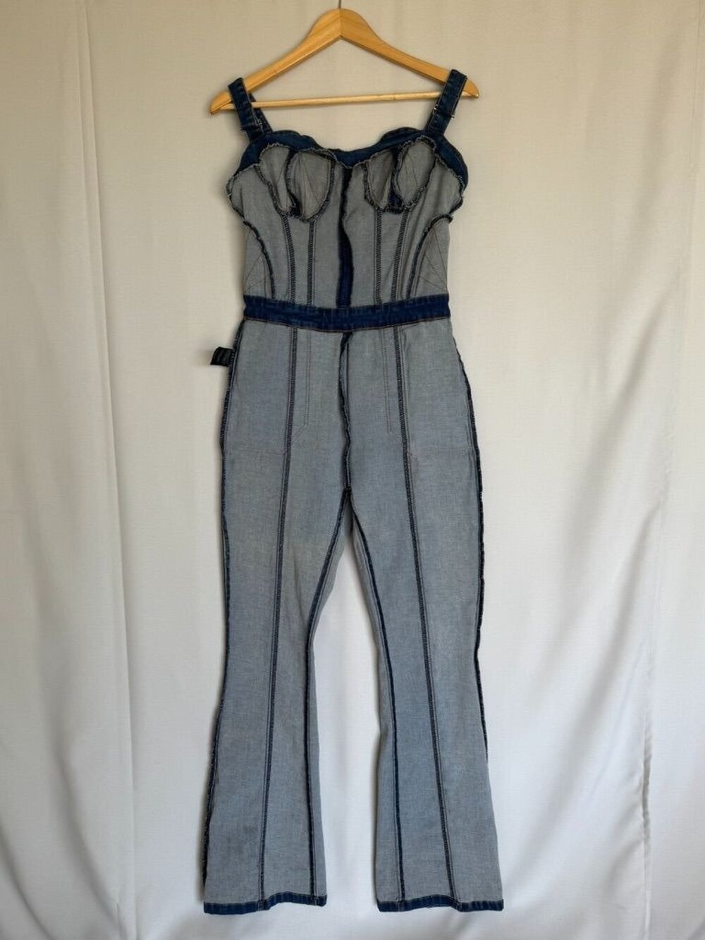 Bebe Blue Stretch Denim Sweetheart Corset Strap Flare Leg Jumpsuit Size 12 Tall - Picture 9 of 14
